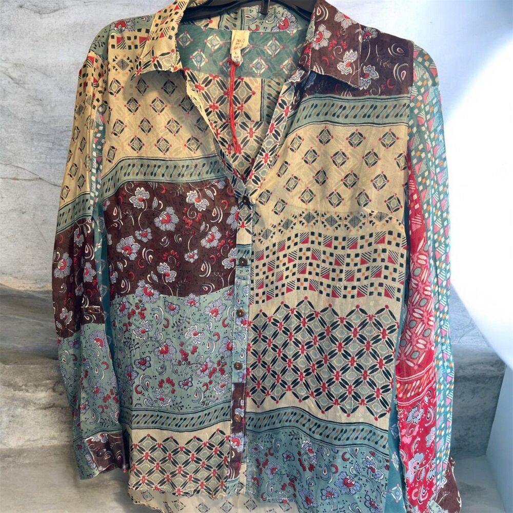 RAGA By Anthropologie Blouse Button Front Colorful Boho Style Top Size L New